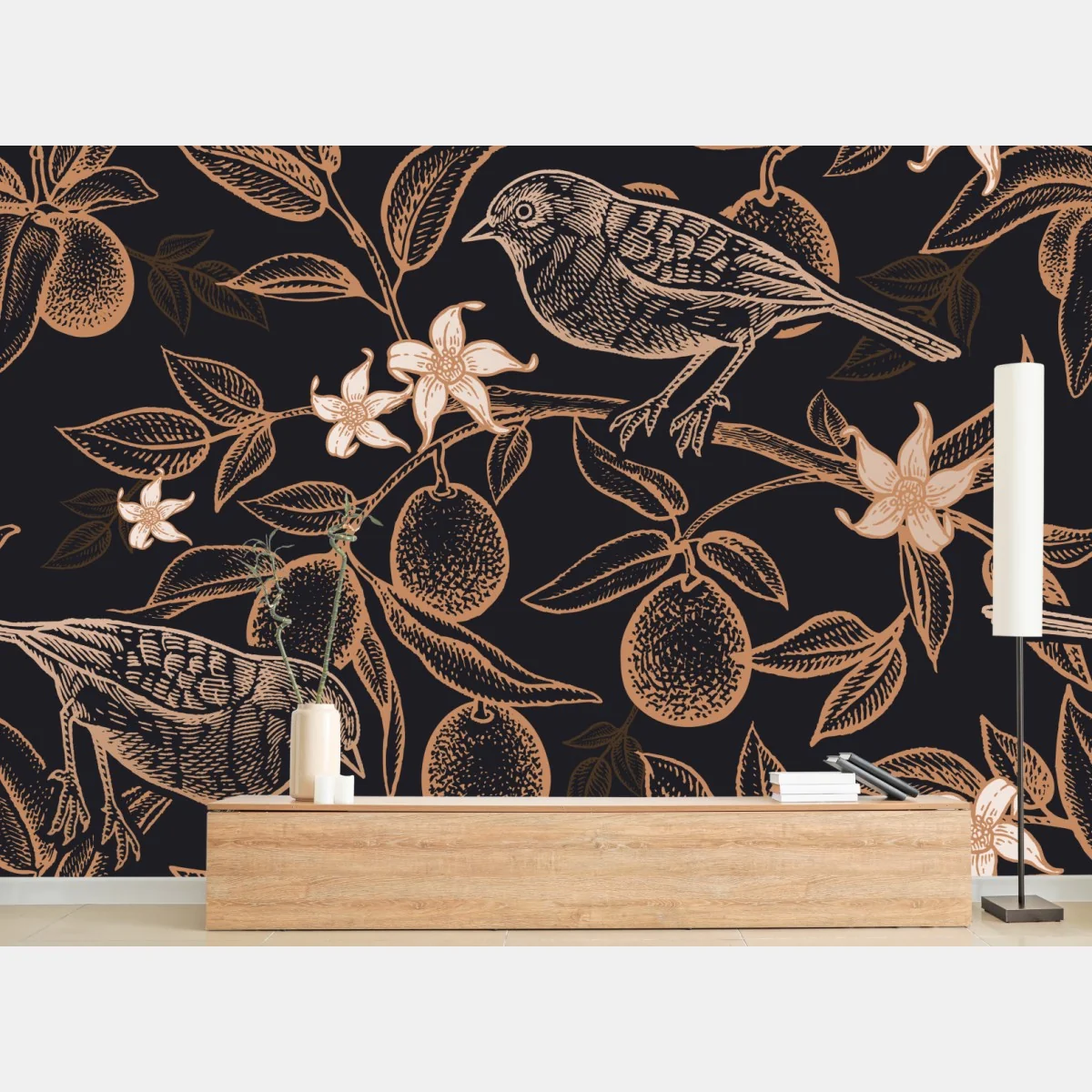 Fototapete vintage vogel- und zitrusmuster – Wallnifity®