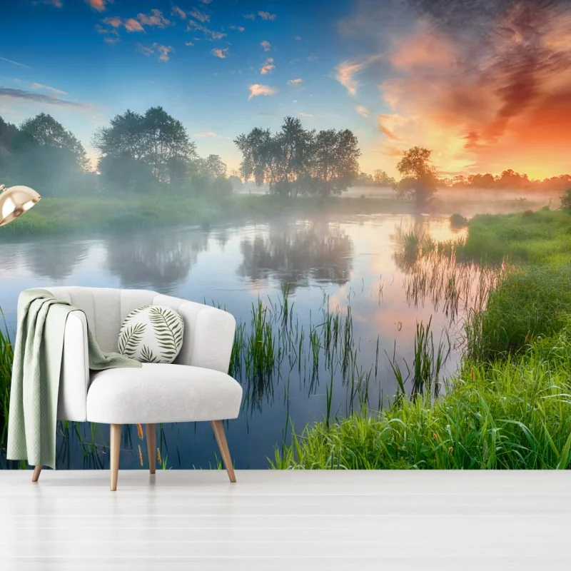 Fototapete nebliger fluss bei sonnenaufgang über grünen ufern – Wallnifity® Fototapete nebliger fluss bei sonnenaufgang über grünen ufern – Wallnifity®