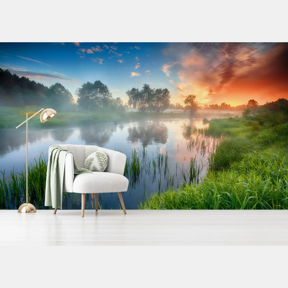 Fototapete nebliger fluss bei sonnenaufgang über grünen ufern – Wallnifity® Fototapete nebliger fluss bei sonnenaufgang über grünen ufern – Wallnifity®