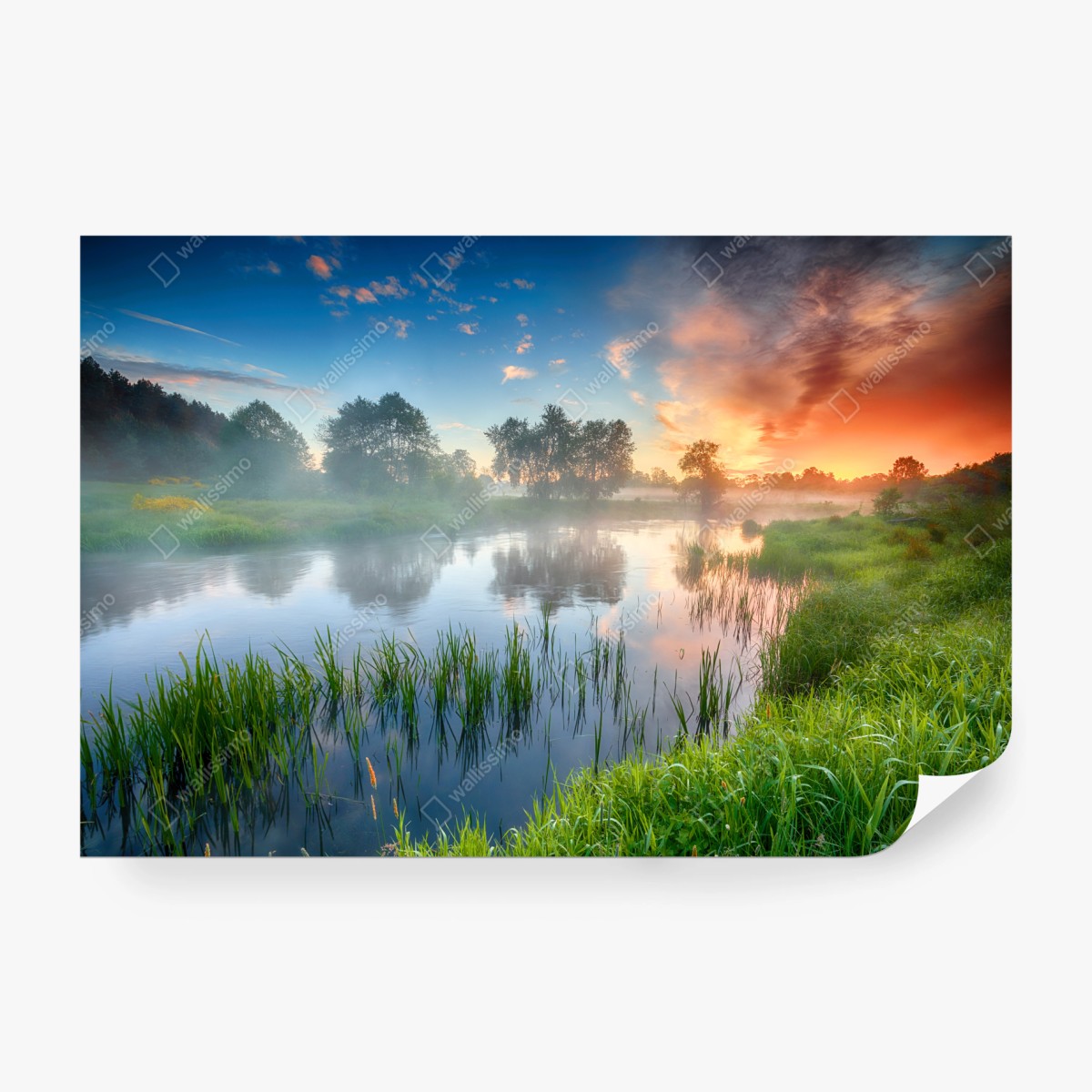 Fototapete nebliger fluss bei sonnenaufgang über grünen ufern – Wallnifity® Fototapete nebliger fluss bei sonnenaufgang über grünen ufern – Wallnifity®