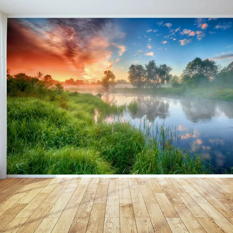 Fototapete nebel bei sonnenaufgang am flussufer