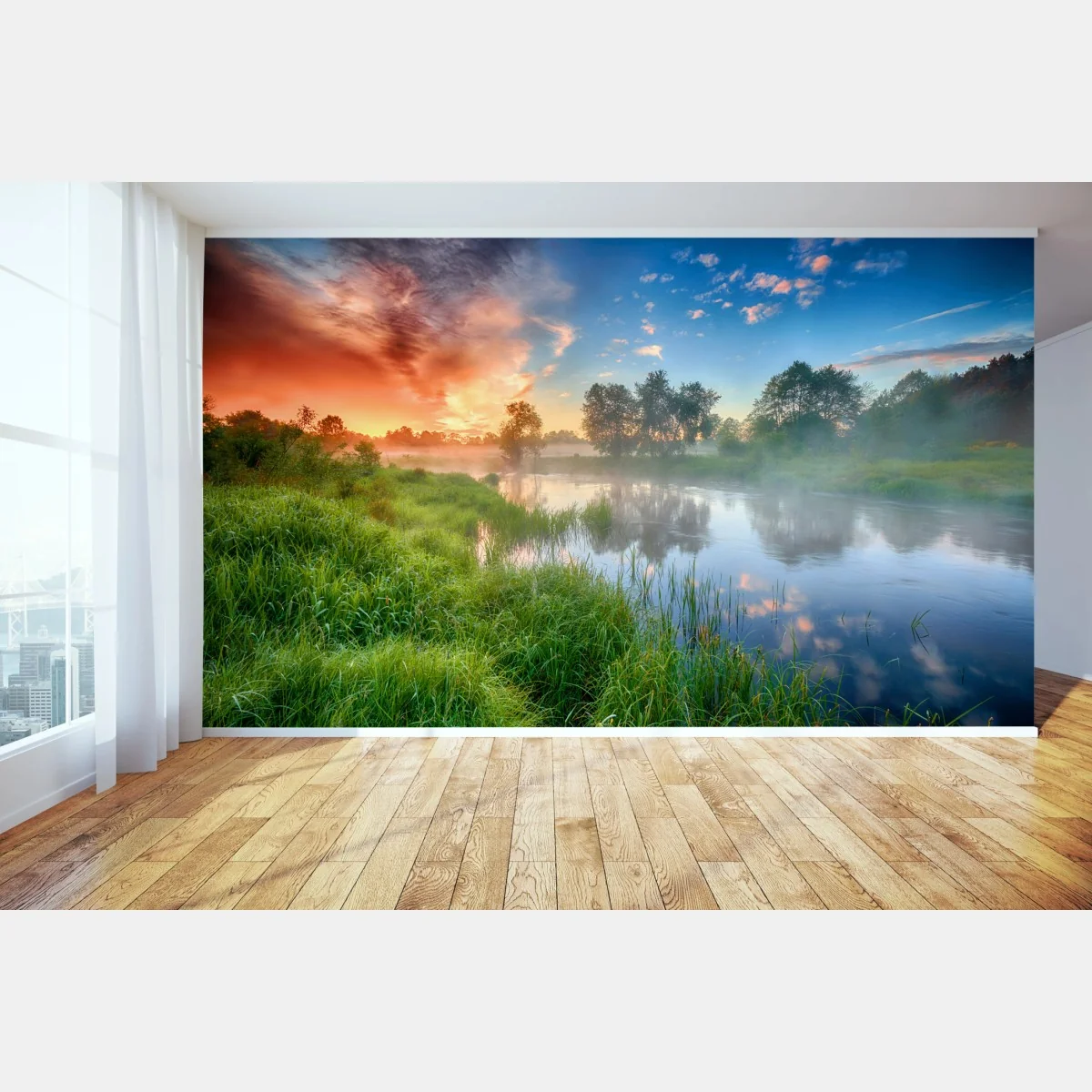 Fototapete nebel bei sonnenaufgang am flussufer – Wallnifity® Fototapete nebel bei sonnenaufgang am flussufer – Wallnifity®