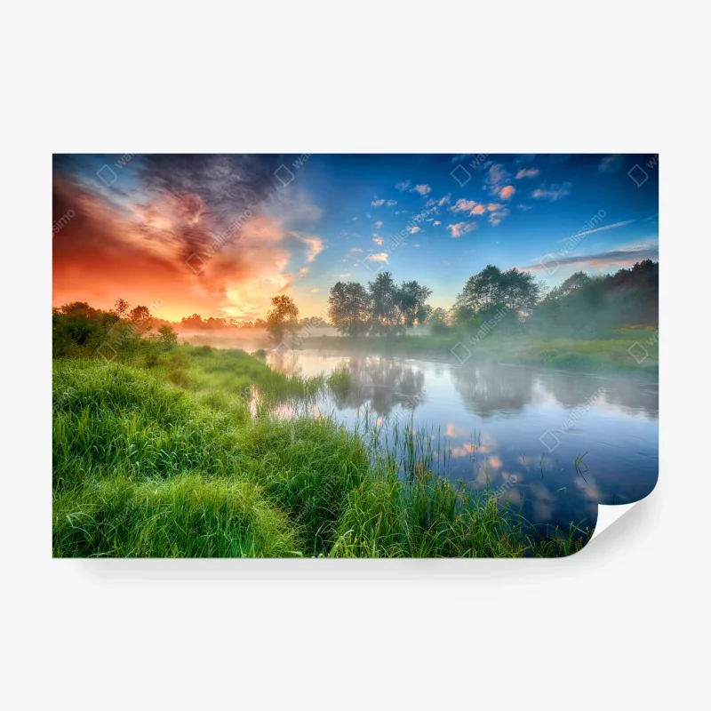 Fototapete nebel bei sonnenaufgang am flussufer