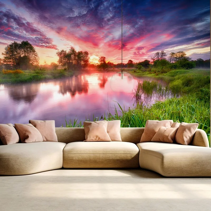 Fototapete ruhiger sommer sonnenaufgang am flussufer