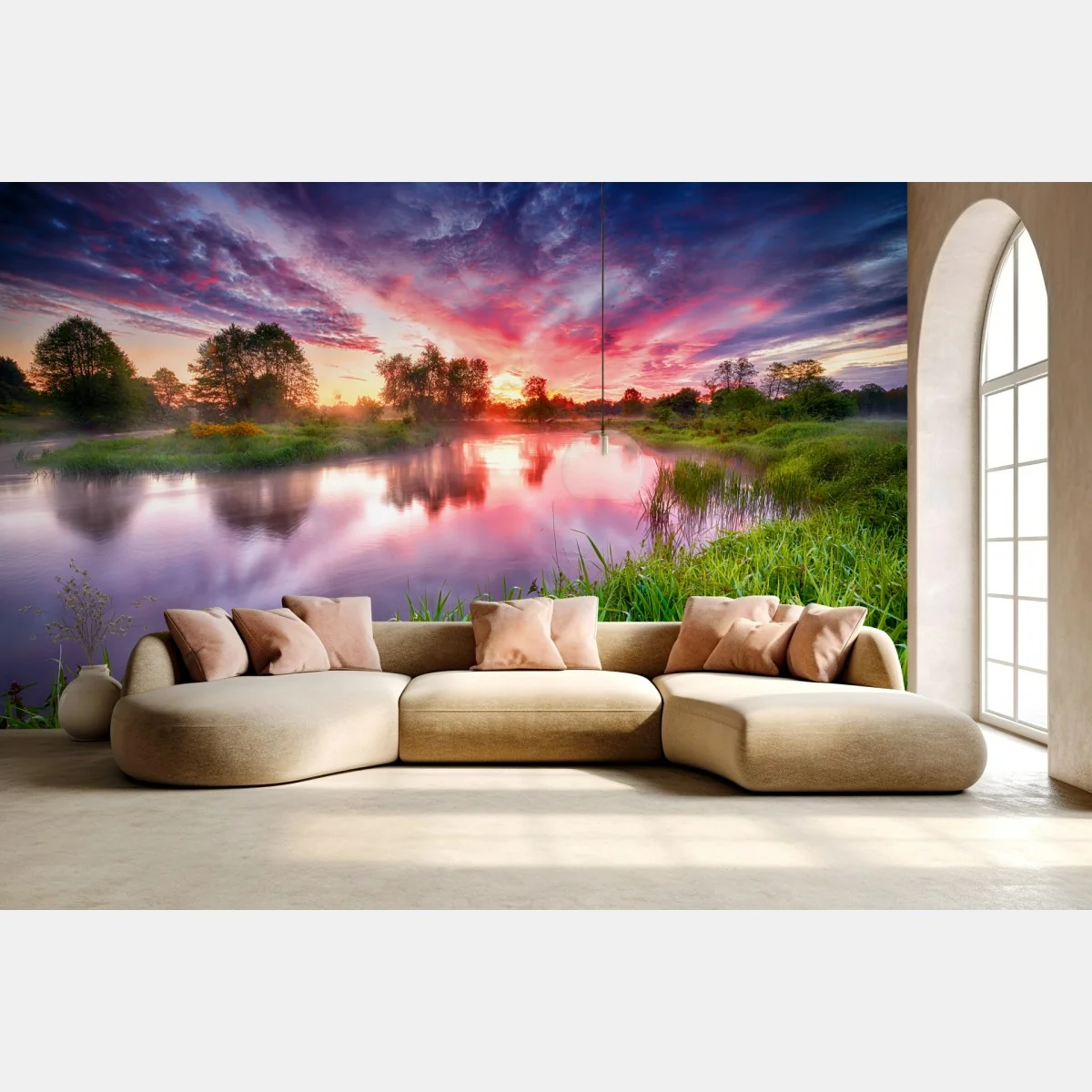 Fototapete ruhiger sommer sonnenaufgang am flussufer – Wallnifity®