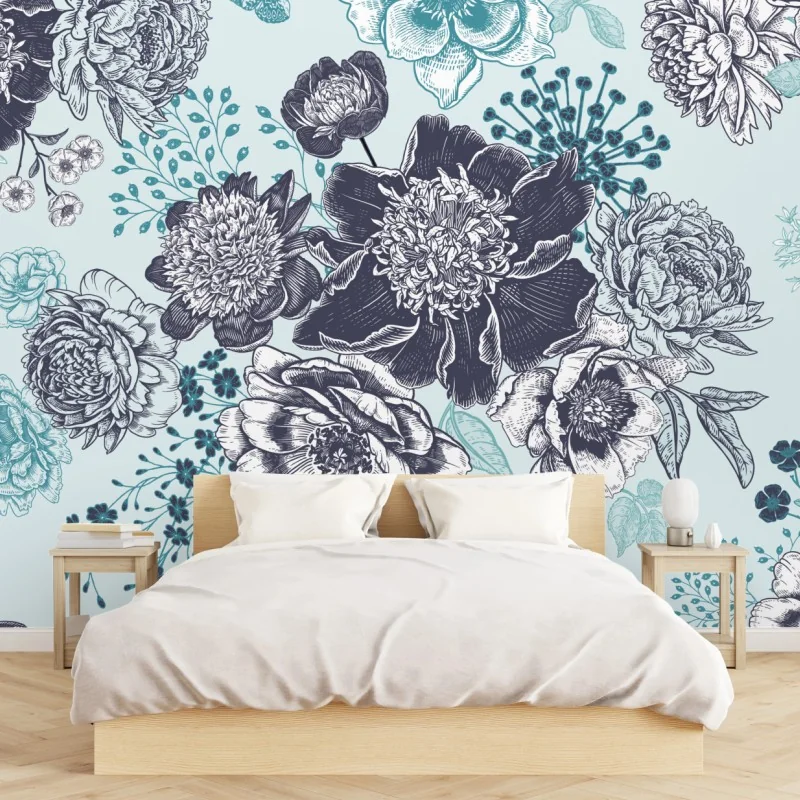 Fototapete blumiges peonienmuster in türkis und marineblau – Wallnifity®