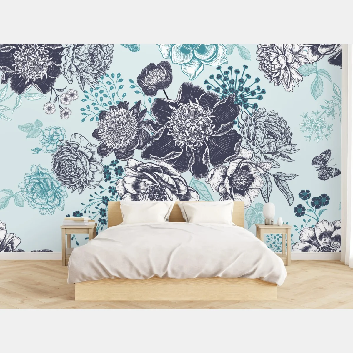 Fototapete blumiges peonienmuster in türkis und marineblau – Wallnifity®