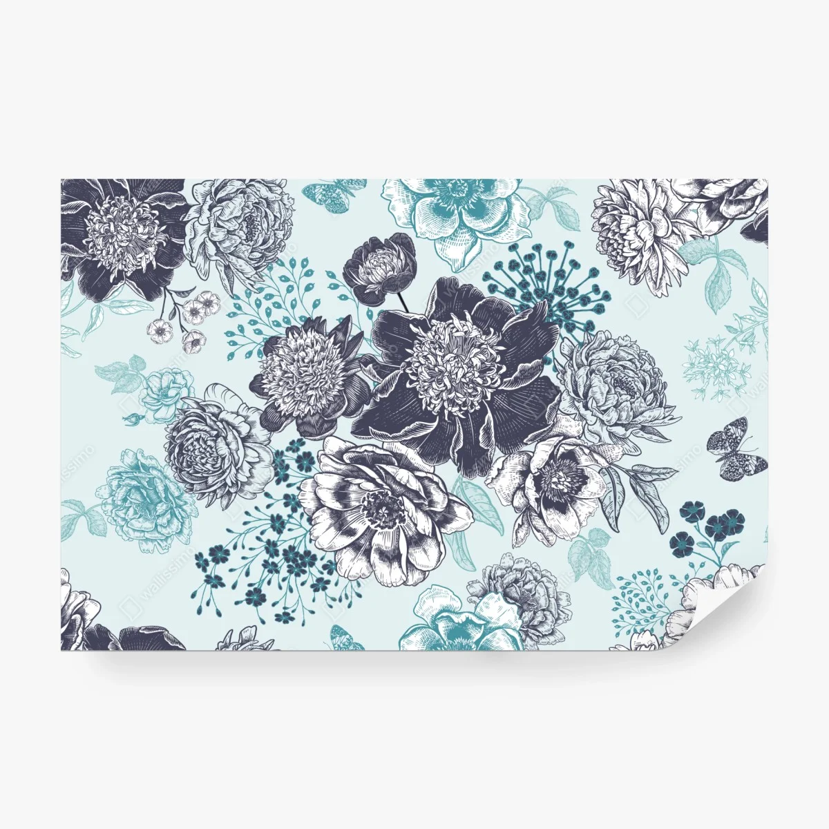 Fototapete blumiges peonienmuster in türkis und marineblau – Wallnifity®