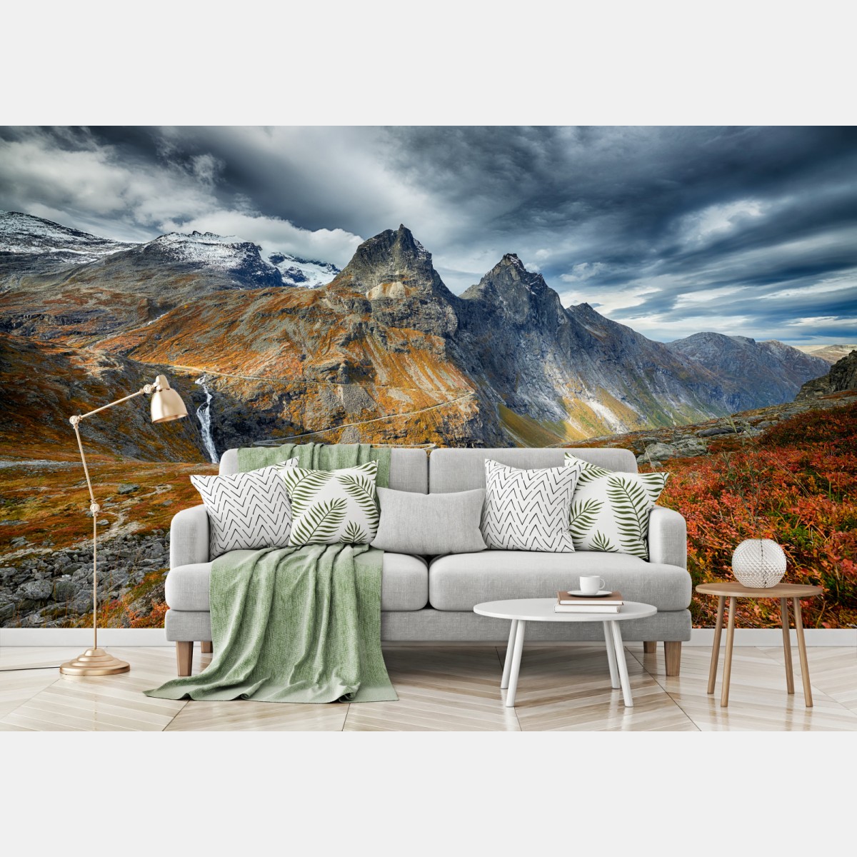 Fototapete herbstliche berglandschaft mit wasserfall und serpentinenstraße – Wallnifity®