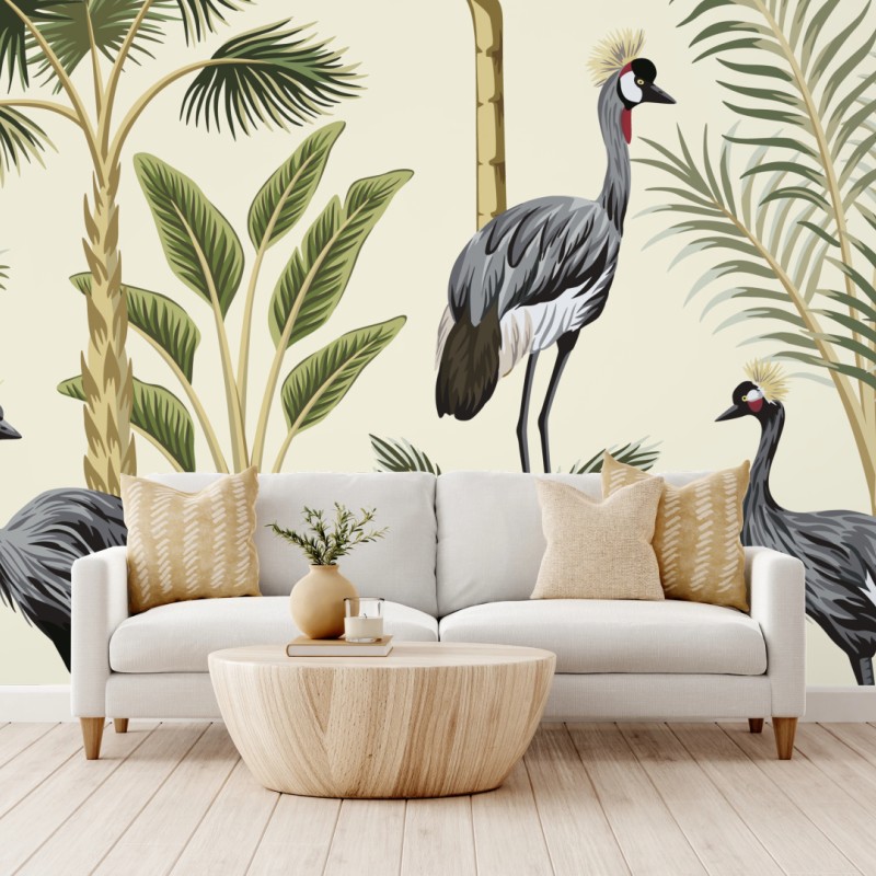 Fototapete tropische kraniche und palmen