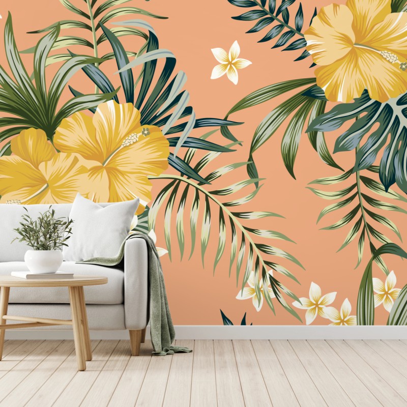 Fototapete tropisches hibiskusmuster auf pfirsichfarbenem hintergrund