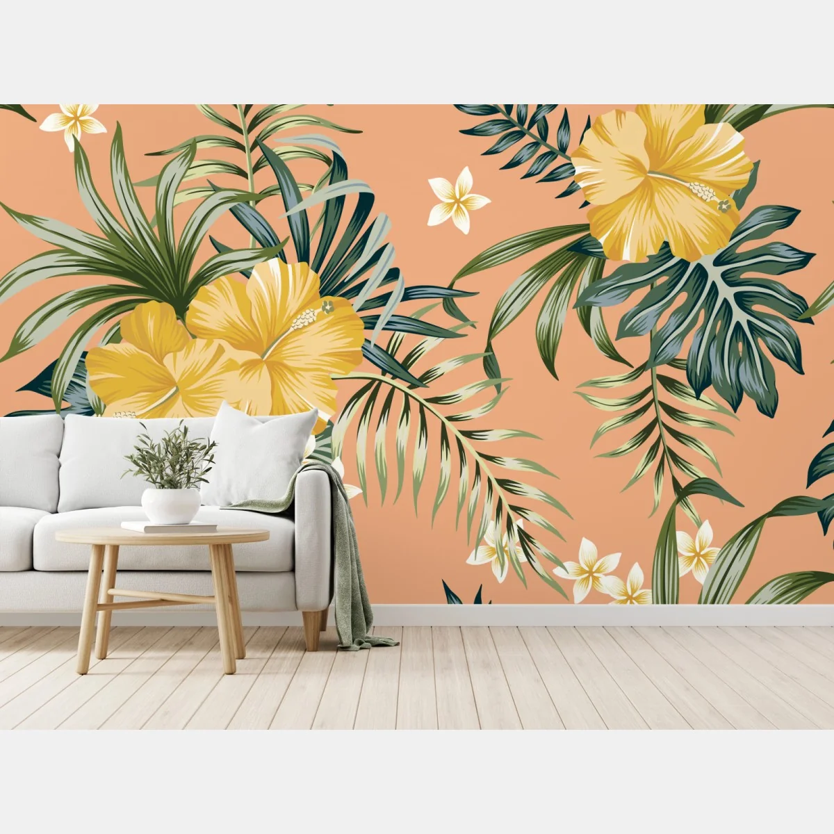 Fototapete tropisches hibiskusmuster auf pfirsichfarbenem hintergrund – Wallnifity® Fototapete tropisches hibiskusmuster auf pfirsichfarbenem hintergrund – Wallnifity®