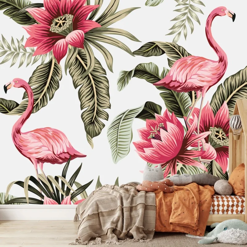 Fototapete tropische rosa flamingos und blüten
