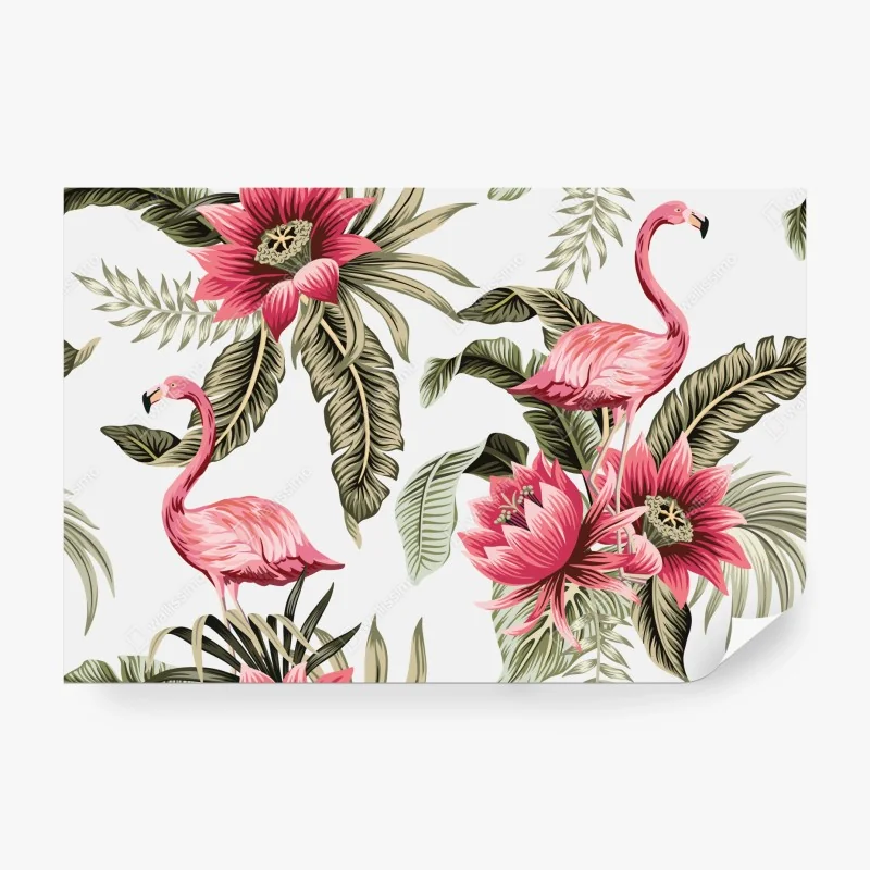 Fototapete tropische rosa flamingos und blüten