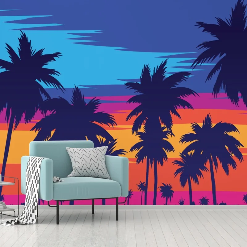 Fototapete bunter sonnenuntergang mit palmen