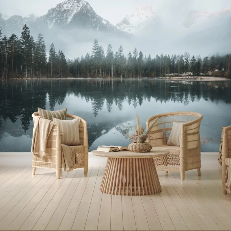 Fototapete neblige alpine spiegelung am ruhigen see
