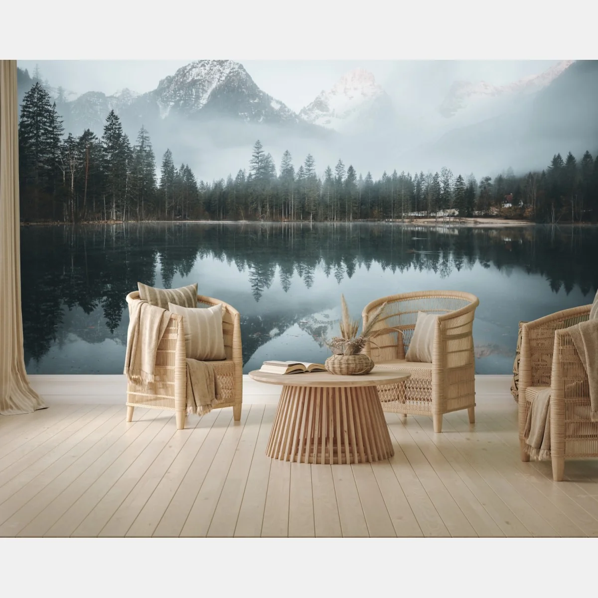 Fototapete neblige alpine spiegelung am ruhigen see – Wallnifity® Fototapete neblige alpine spiegelung am ruhigen see – Wallnifity®