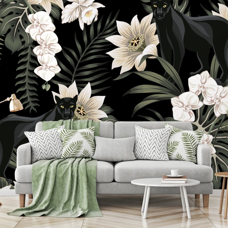 Fototapete botanisches muster mit schwarzem panther – Wallnifity® Fototapete botanisches muster mit schwarzem panther – Wallnifity®