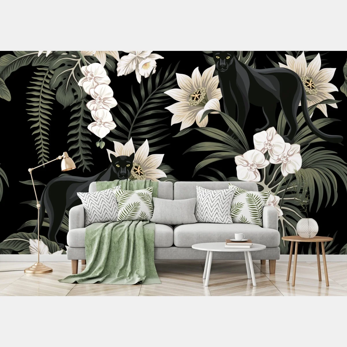 Fototapete botanisches muster mit schwarzem panther – Wallnifity® Fototapete botanisches muster mit schwarzem panther – Wallnifity®