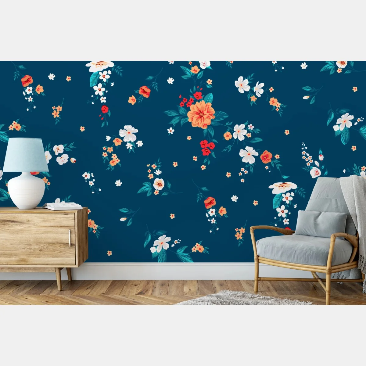 Fototapete zartes verstreutes blumenmuster auf tiefem türkis – Wallnifity® Fototapete zartes verstreutes blumenmuster auf tiefem türkis – Wallnifity®