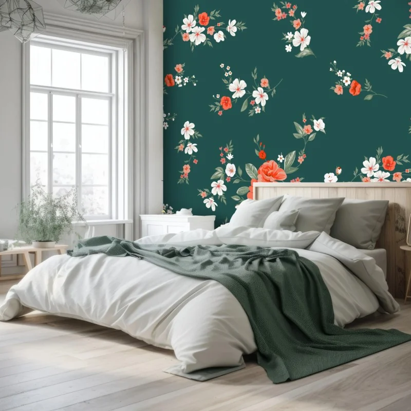 Fototapete vintage korallenblumenmuster auf tiefgrünem hintergrund