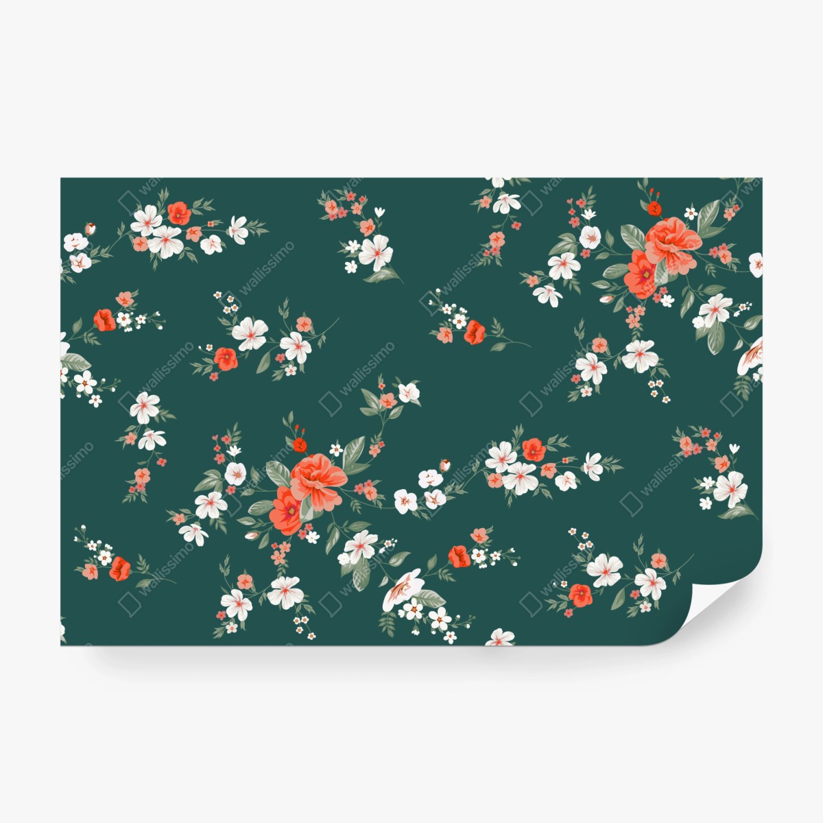 Fototapete vintage korallenblumenmuster auf tiefgrünem hintergrund – Wallnifity®