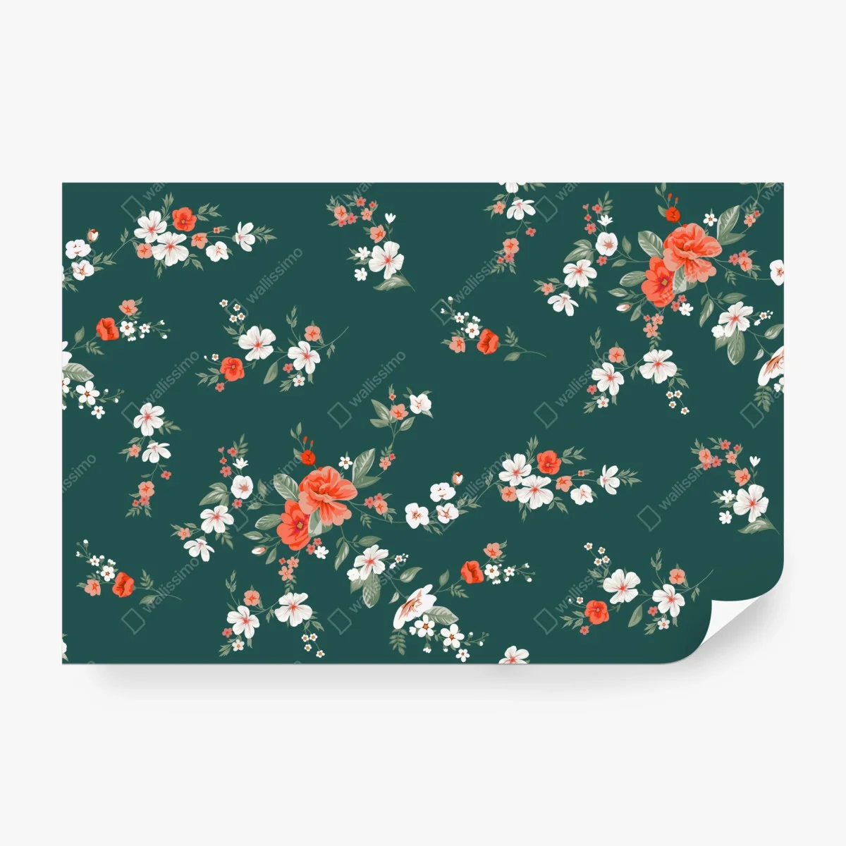 Fototapete vintage korallenblumenmuster auf tiefgrünem hintergrund – Wallnifity®