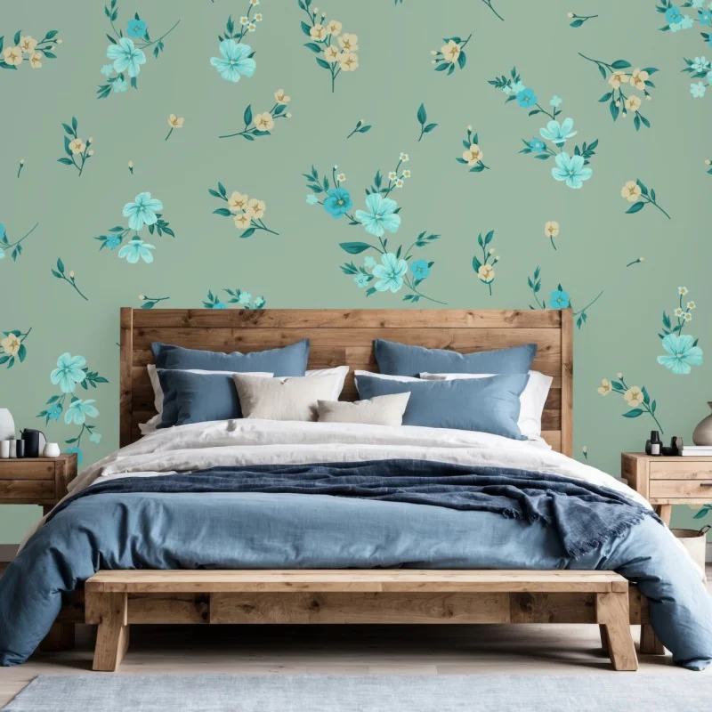 Fototapete pastell türkis blumenmuster auf salbeigrünem hintergrund