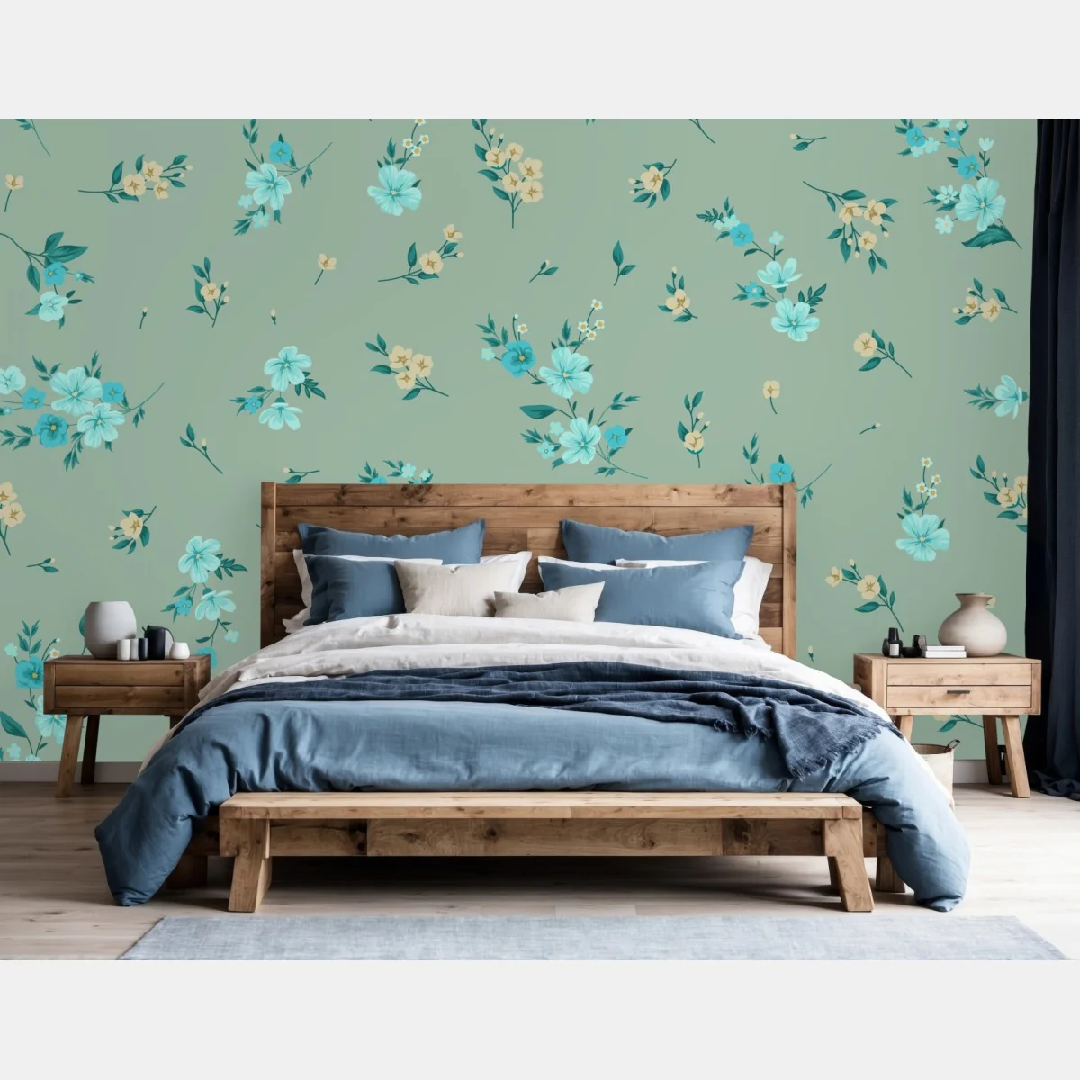 Fototapete pastell türkis blumenmuster auf salbeigrünem hintergrund – Wallnifity®