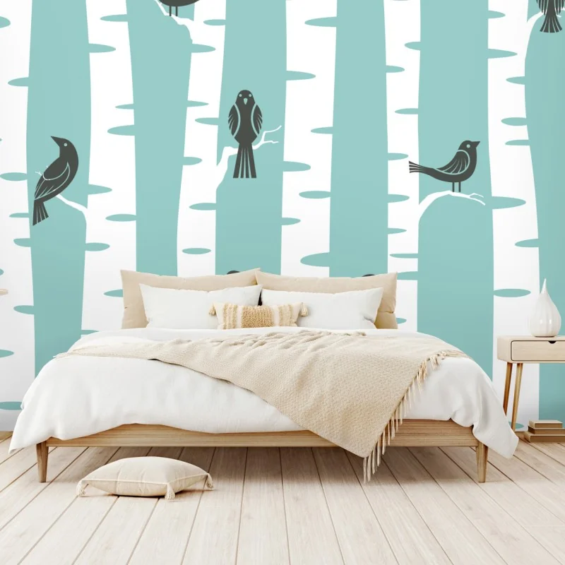 Fototapete türkis birkenwald mit vögeln