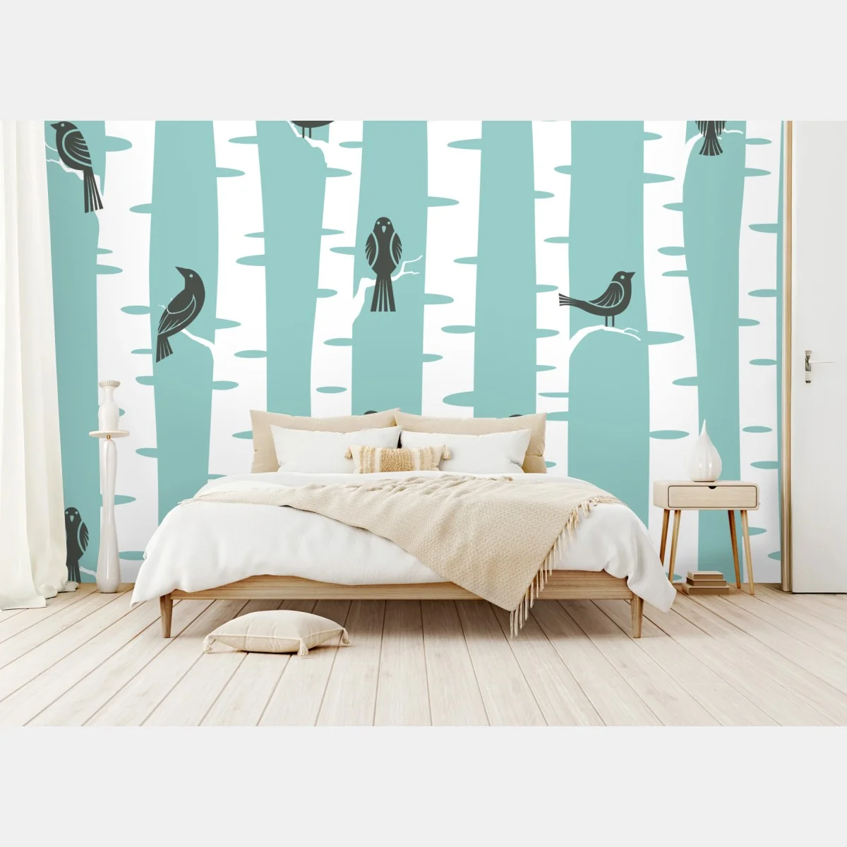 Fototapete türkis birkenwald mit vögeln – Wallnifity® Fototapete türkis birkenwald mit vögeln – Wallnifity®