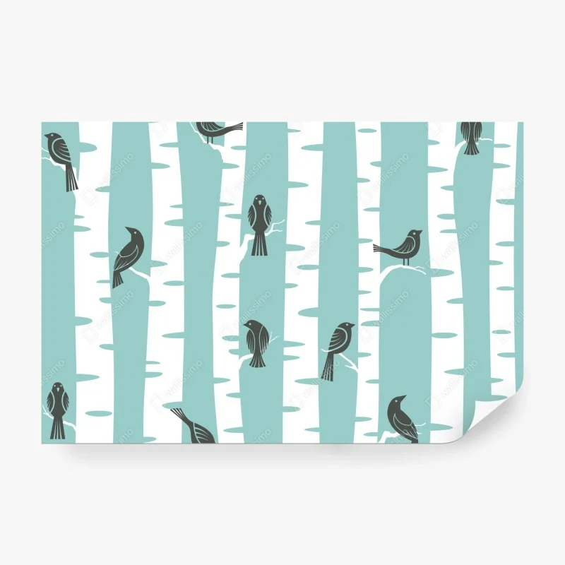 Fototapete türkis birkenwald mit vögeln