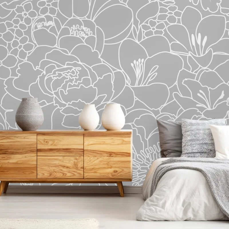 Fototapete subtiles graues blumenlinienmuster