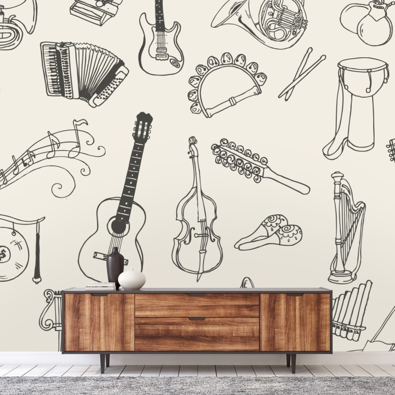 Fototapete handgezeichnete musikinstrumente collage