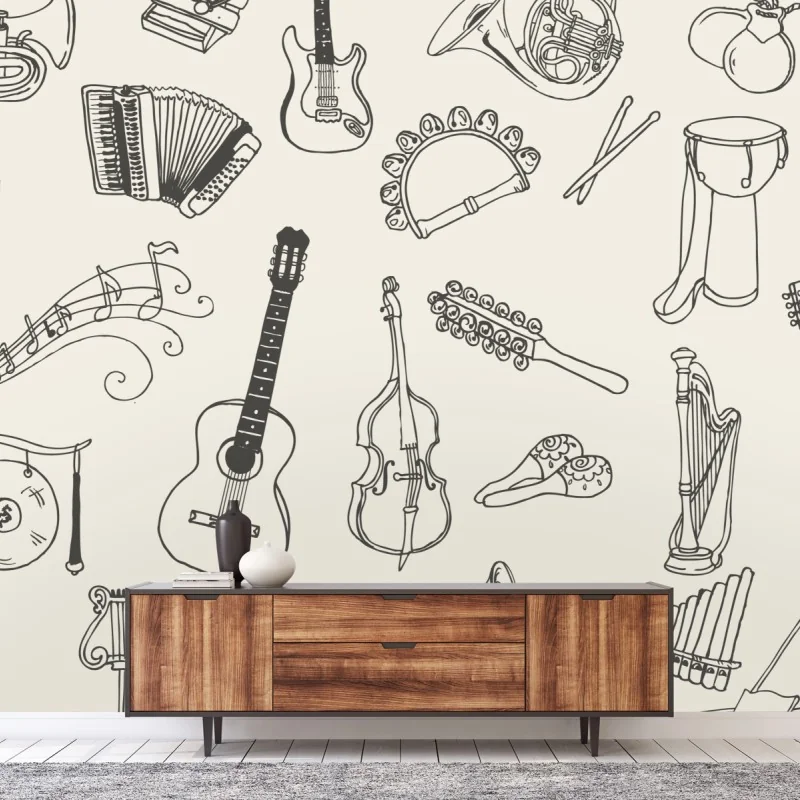 Fototapete handgezeichnete musikinstrumente collage