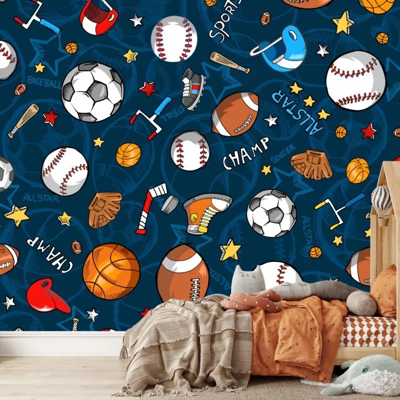 Fototapete verspieltes sportmuster auf dunkelblauem hintergrund