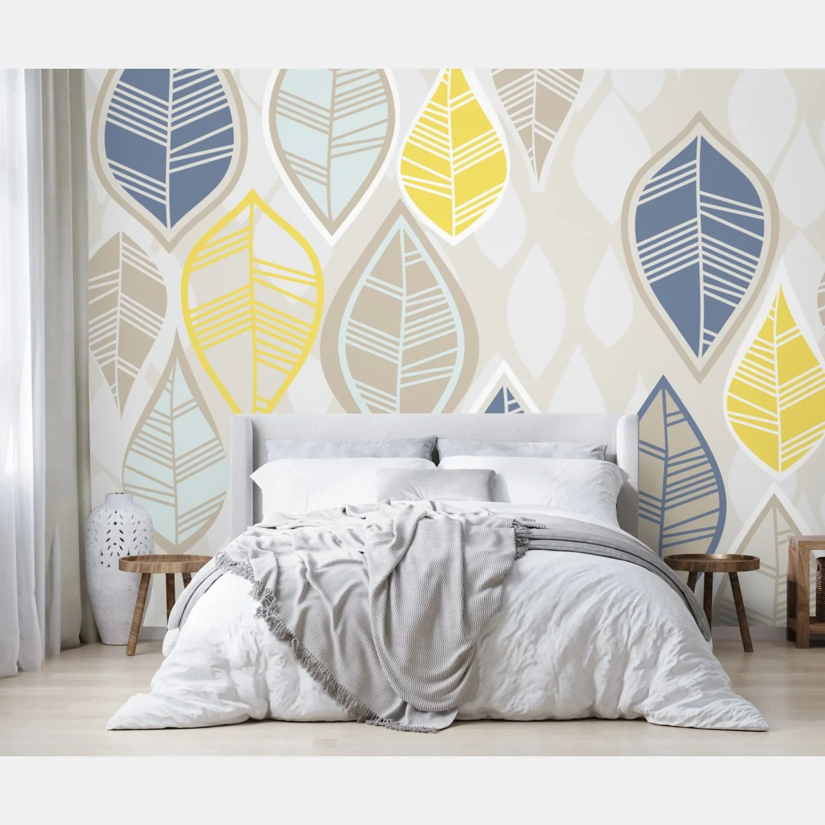 Fototapete skandinavisches blättermuster in sanften neutralen tönen – Wallnifity®