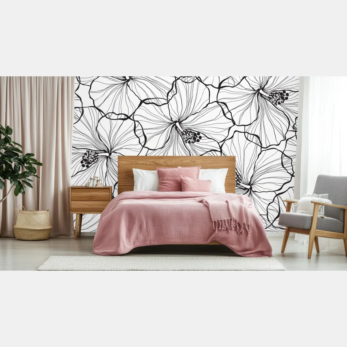 Fototapete schwarzweißes hibiskus line art muster – Wallnifity®