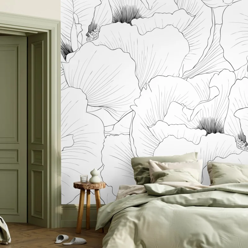 Fototapete feine botanische linienzeichnung mit blumen – Wallnifity®