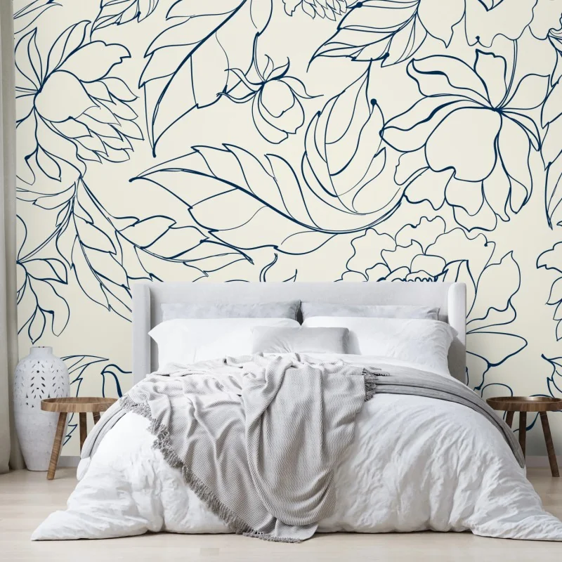 Fototapete handgezeichnetes marineblaues blumenmuster auf creme – Wallnifity® Fototapete handgezeichnetes marineblaues blumenmuster auf creme – Wallnifity®