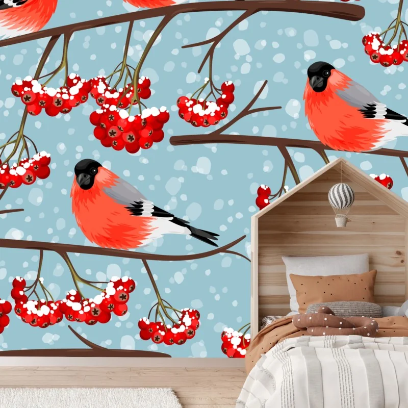 Fototapete winterliche gimpel und vogelbeeren - muster