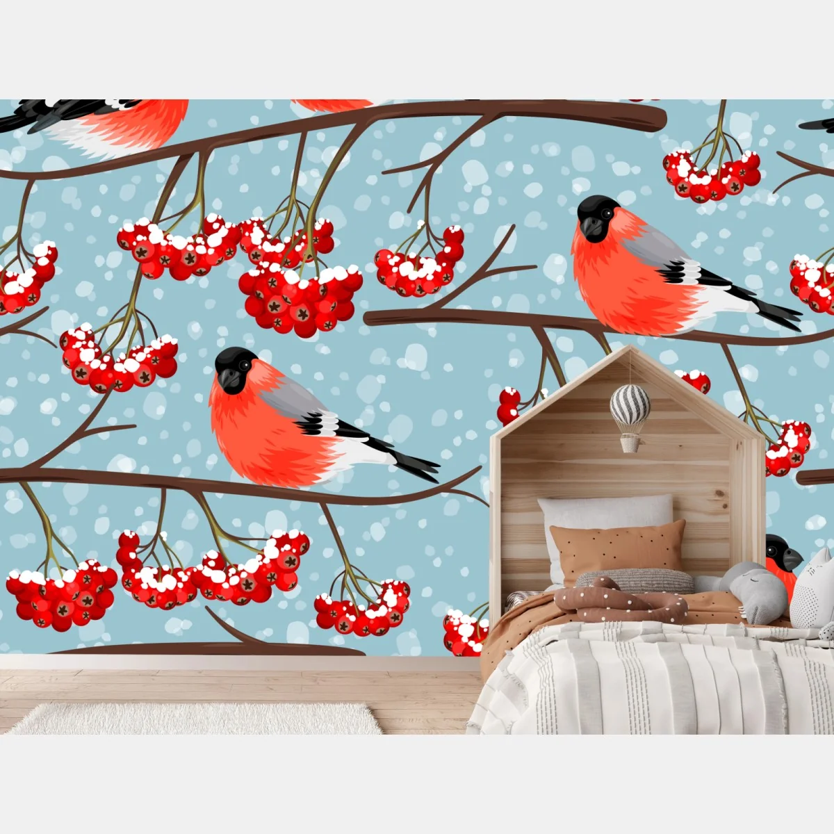 Fototapete winterliche gimpel und vogelbeeren - muster – Wallnifity® Fototapete winterliche gimpel und vogelbeeren - muster – Wallnifity®