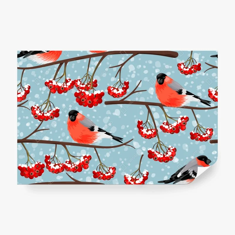 Fototapete winterliche gimpel und vogelbeeren - muster