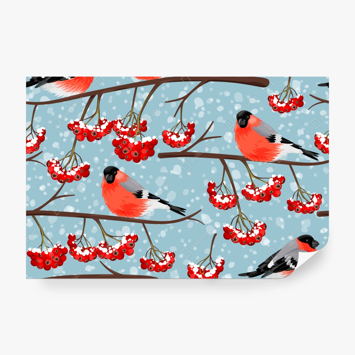 Fototapete winterliche gimpel und vogelbeeren - muster – Wallnifity® Fototapete winterliche gimpel und vogelbeeren - muster – Wallnifity®