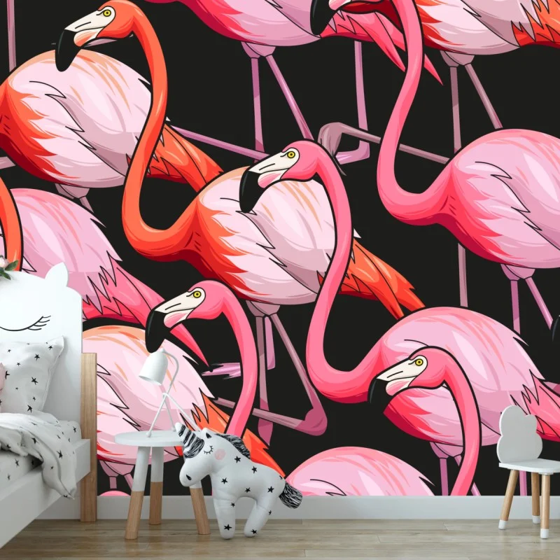 Fototapete rosa flamingo-muster auf schwarzem hintergrund