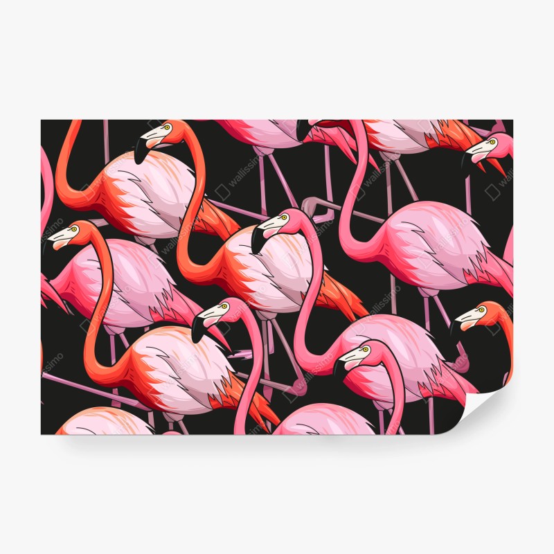 Fototapete rosa flamingo-muster auf schwarzem hintergrund
