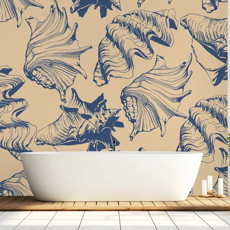 Fototapete muschelmuster in blau und beige