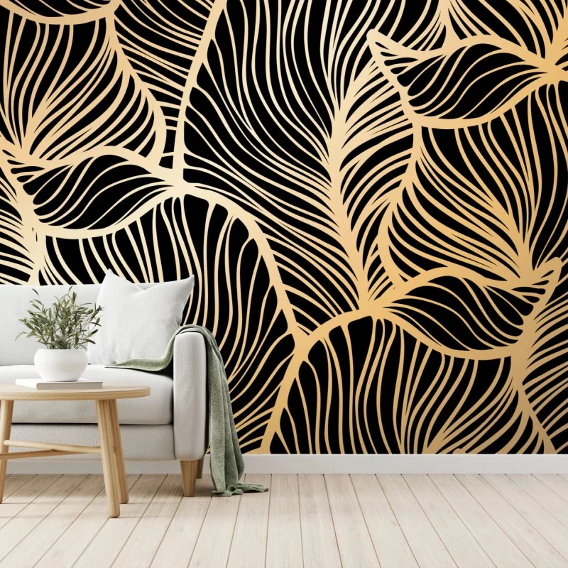 Fototapete goldenes blattmuster auf schwarzem hintergrund