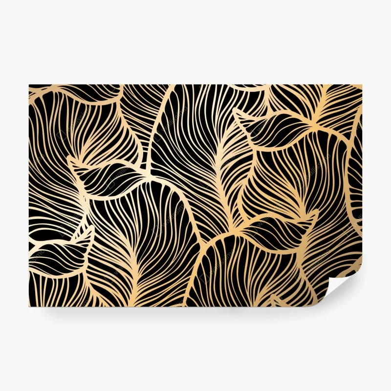 Fototapete goldenes blattmuster auf schwarzem hintergrund