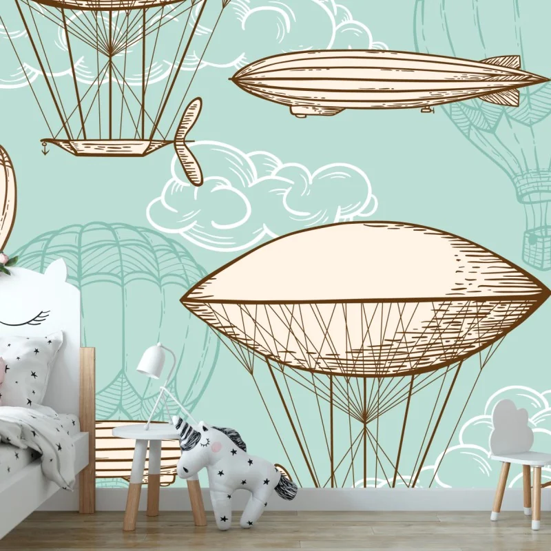 Fototapete vintage-motiv mit luftschiffen und ballons